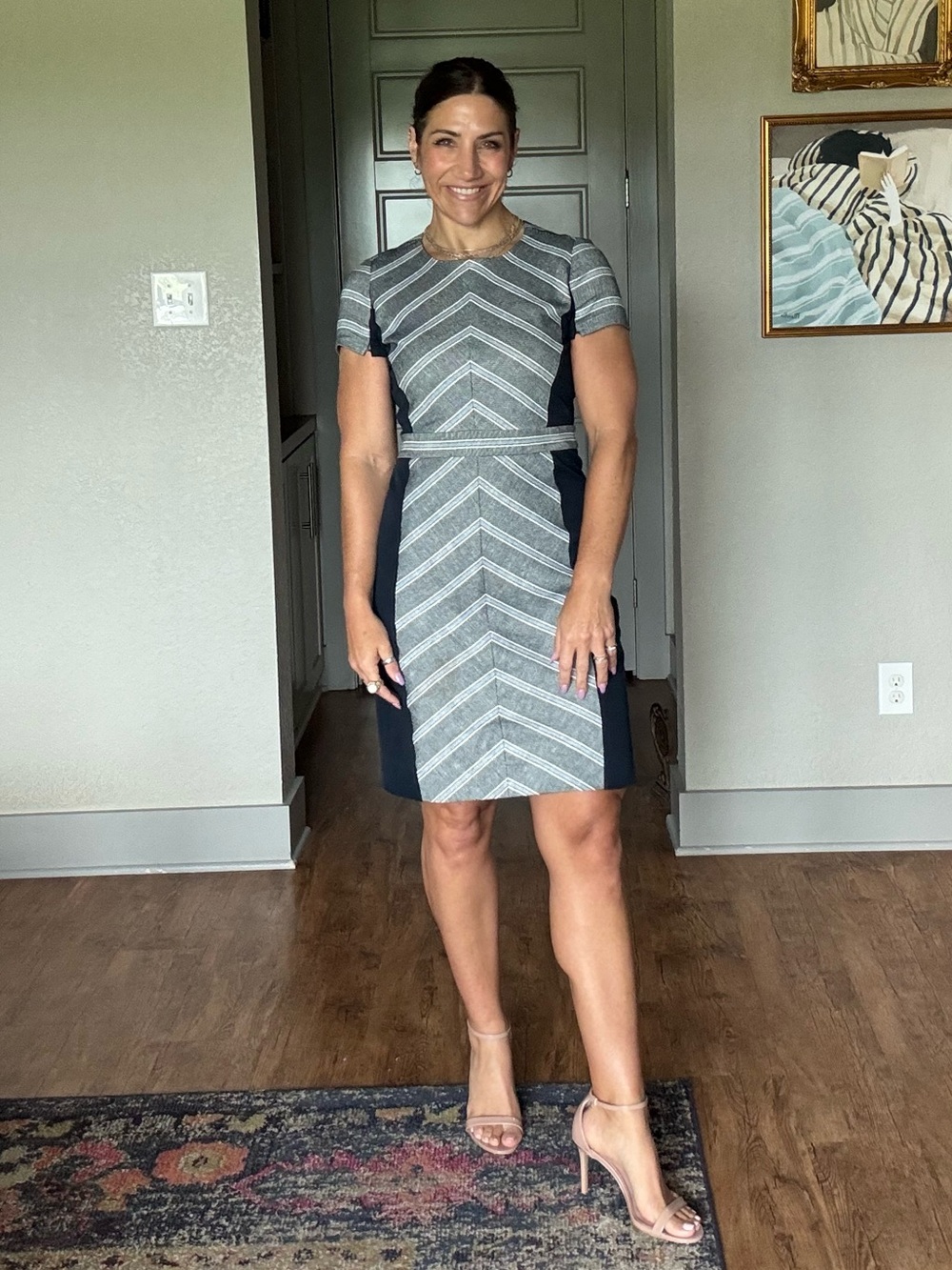 J. Crew Chevron Short-Sleeve Sheath Dress with Navy Panels